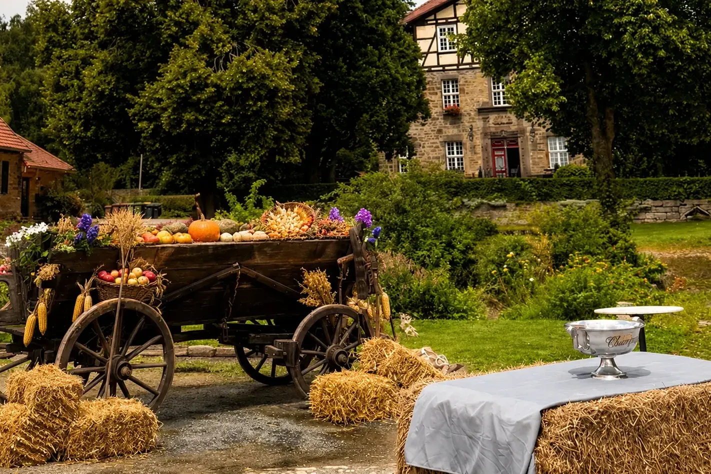 Mit Kürbissen und Feldfrüchten geschmückter Leiterwagen vor dem Gutshaus