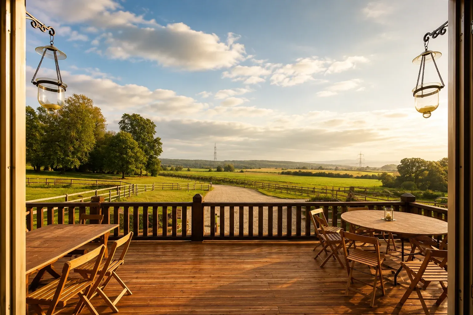Holzterrasse mit Tisch und Laternen, Blick über Koppeln und Felder im Abendlicht