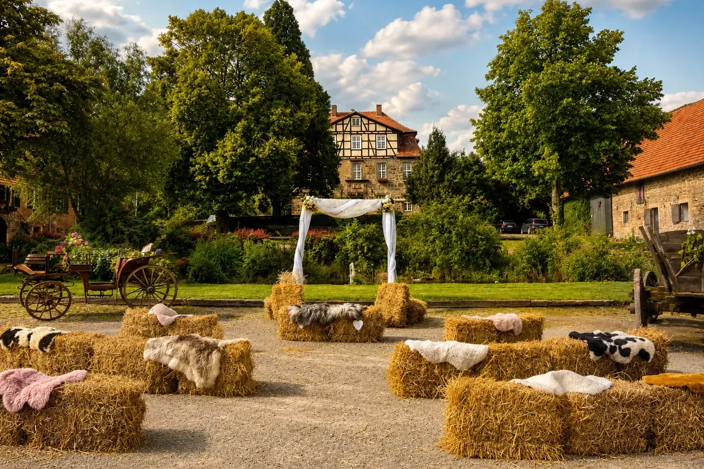 Freier Trauplatz mit Traubogen und Strohballen-Sitzreihen vor dem Gutshaus
