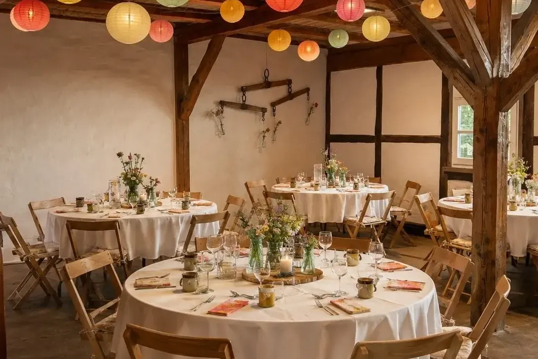 Runde Tische mit Wildblumen, Kerzen und bunten Lampions im Fachwerkraum